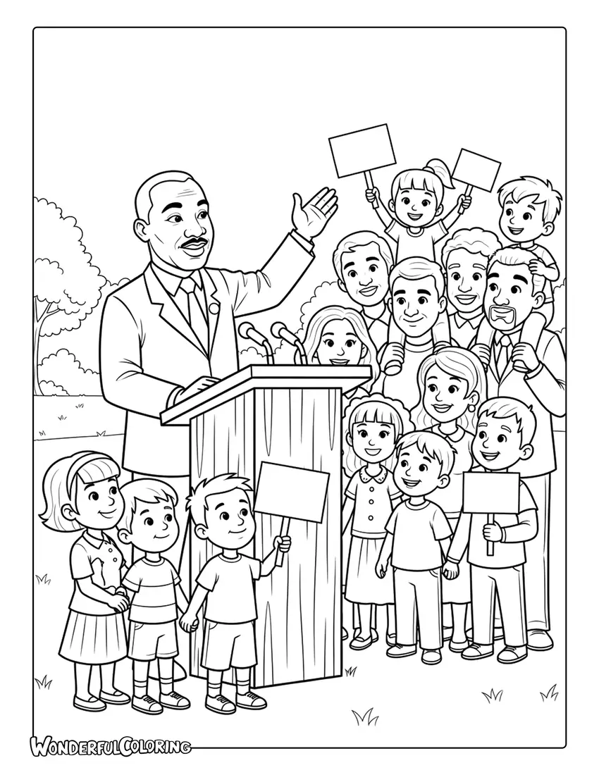 Martin Luther King Jr speaking to diverse community coloring page
