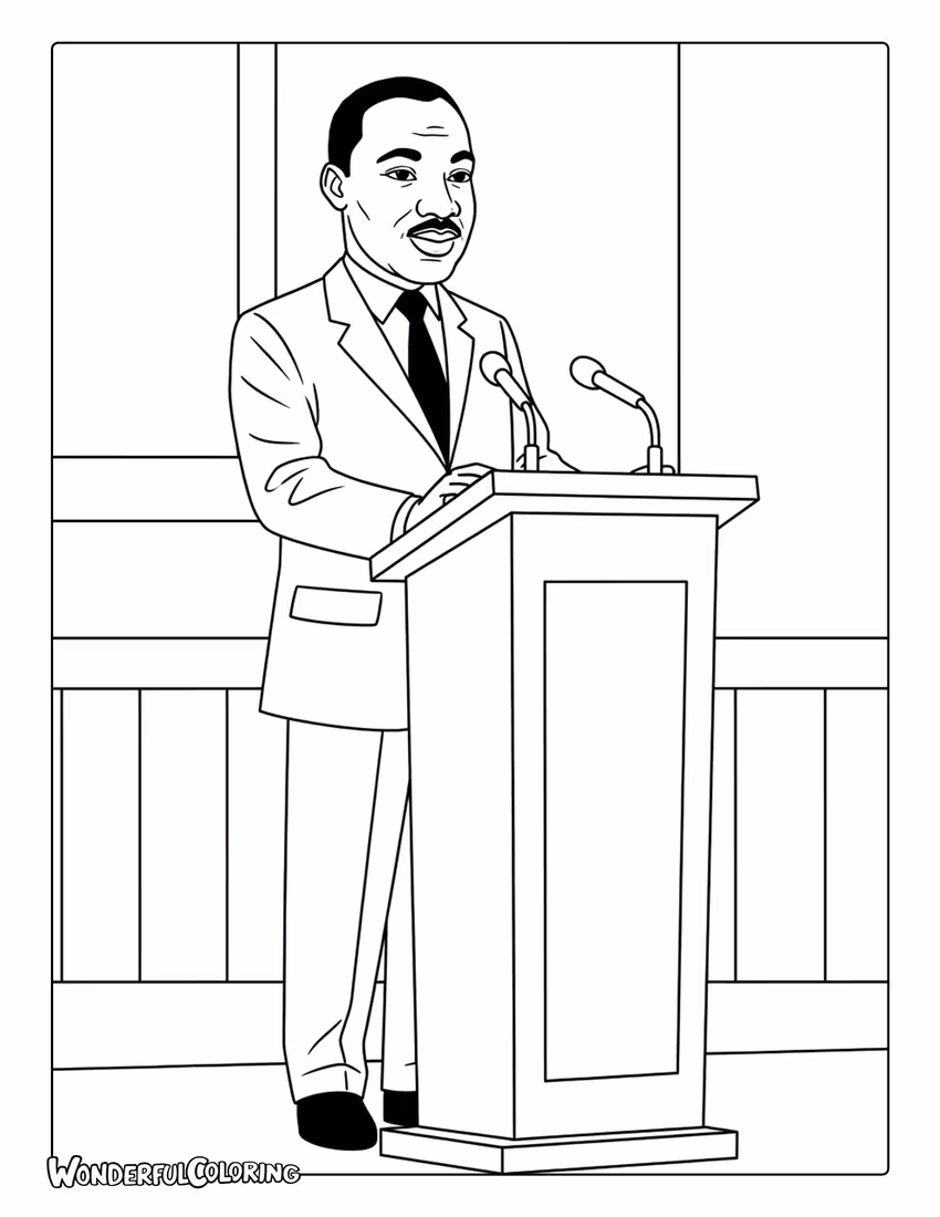 Martin Luther King Jr giving a peaceful speech at a podium coloring page for kids