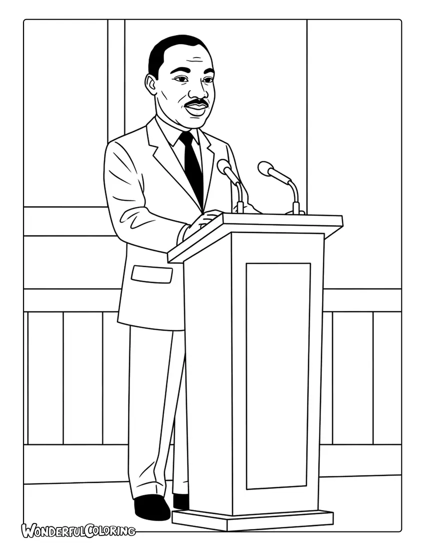 Martin Luther King Jr giving a peaceful speech at a podium coloring page for kids