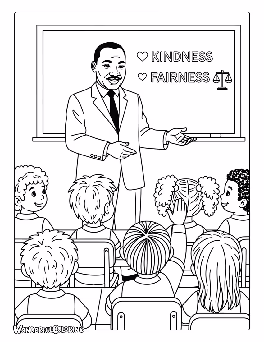 Martin Luther King Jr teaching kindness to children coloring page