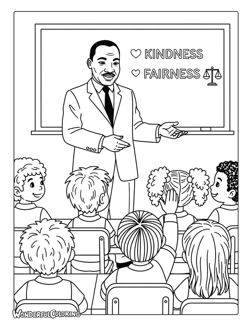 Martin Luther King Jr teaching kindness to children coloring page