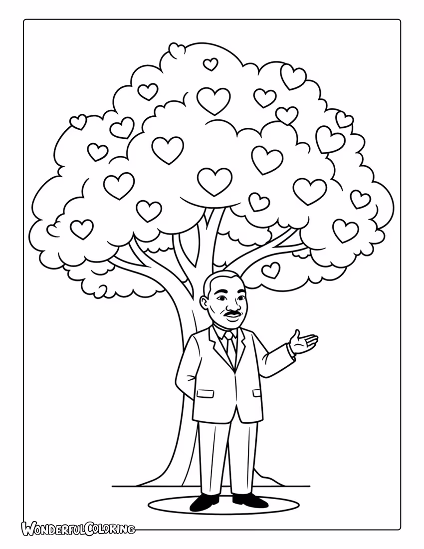 Martin Luther King Jr under tree of peace coloring page
