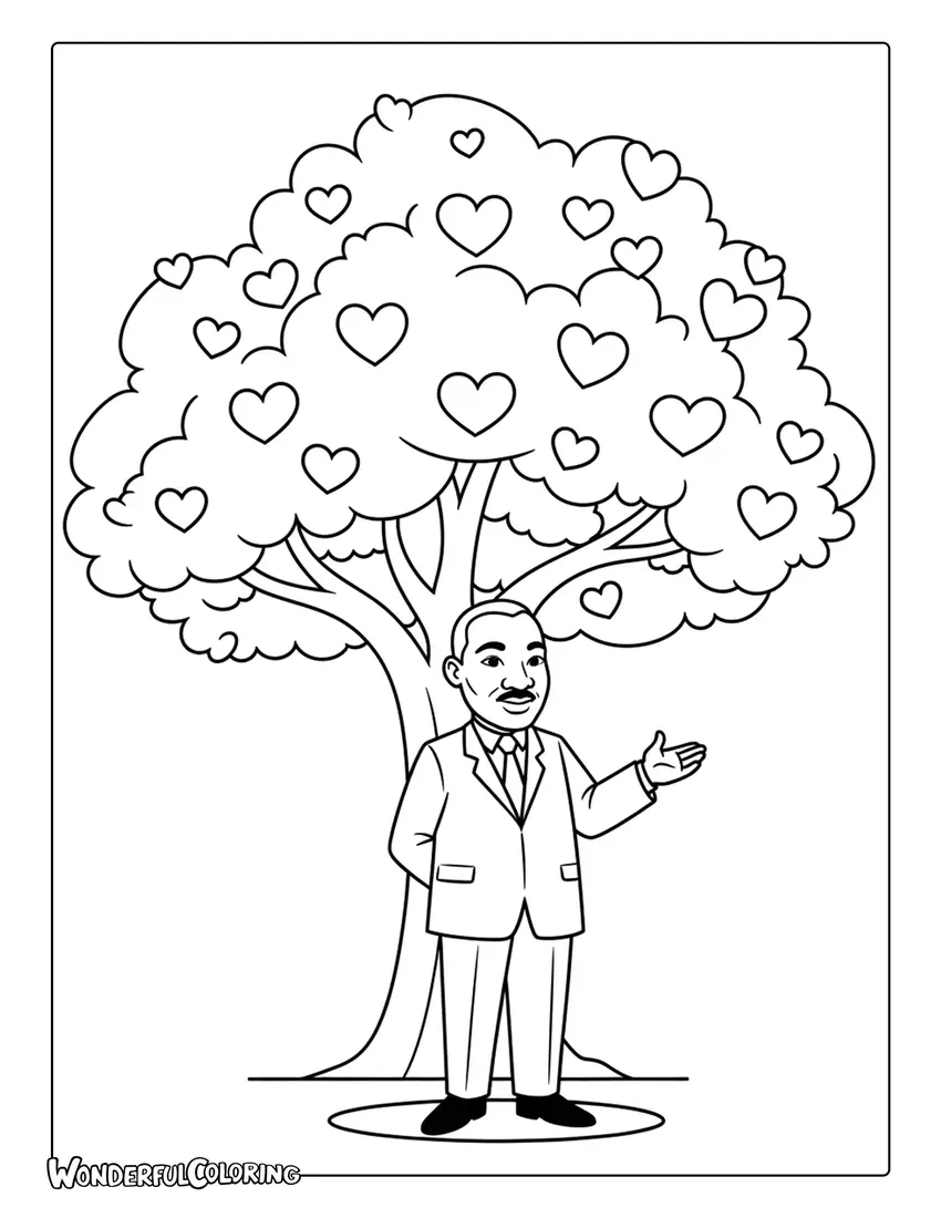 Martin Luther King Jr under tree of peace coloring page