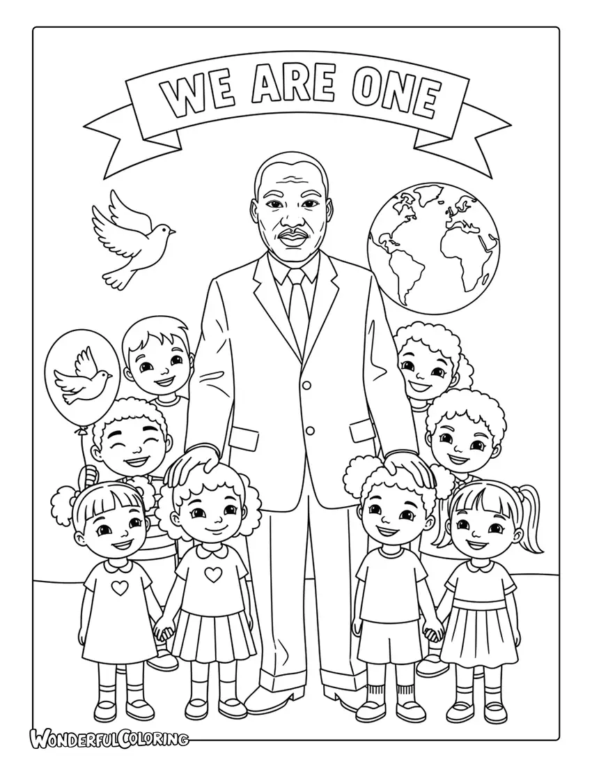 Martin Luther King Jr standing with children of different backgrounds coloring page