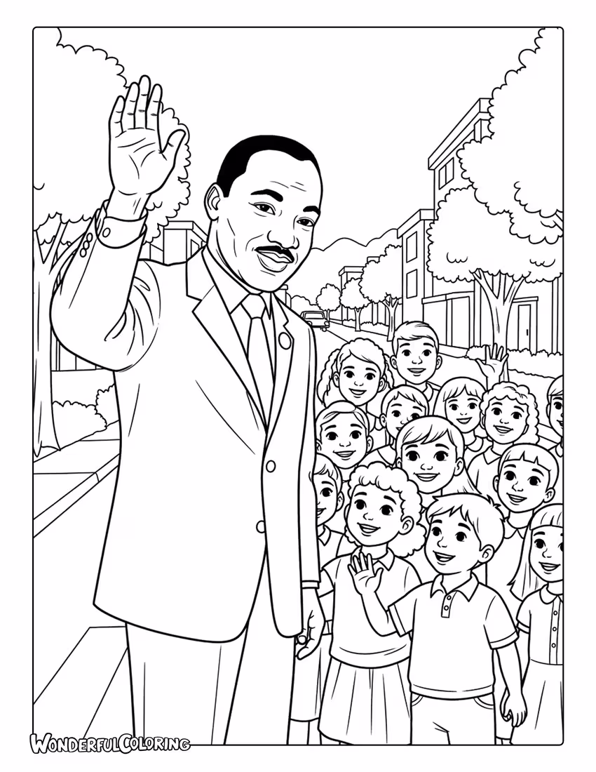 Martin Luther King Jr waving during peaceful march coloring page
