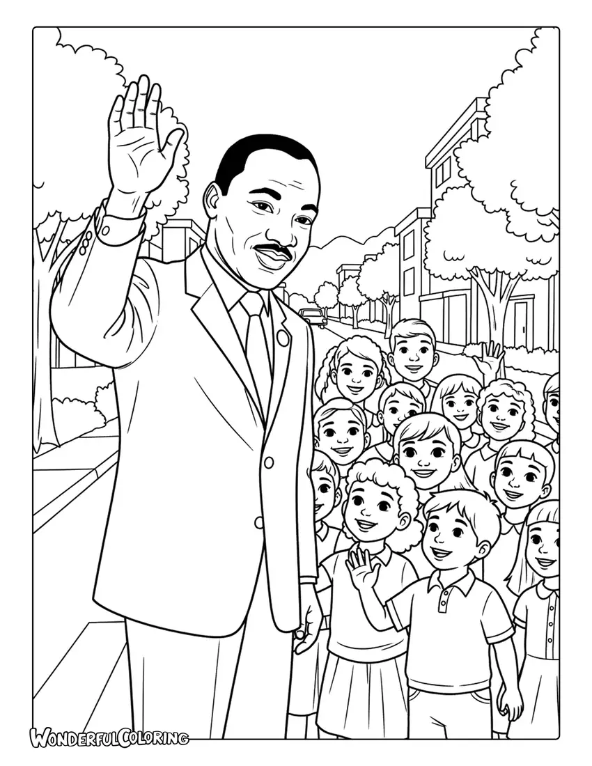 Martin Luther King Jr waving during peaceful march coloring page