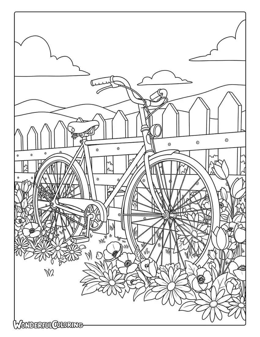 May bicycle by white picket fence with blooming flowers coloring page