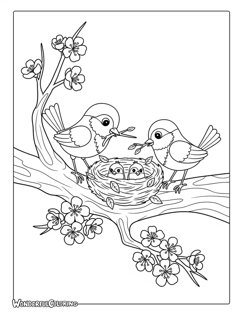 May birds building nest on blossoming tree coloring page