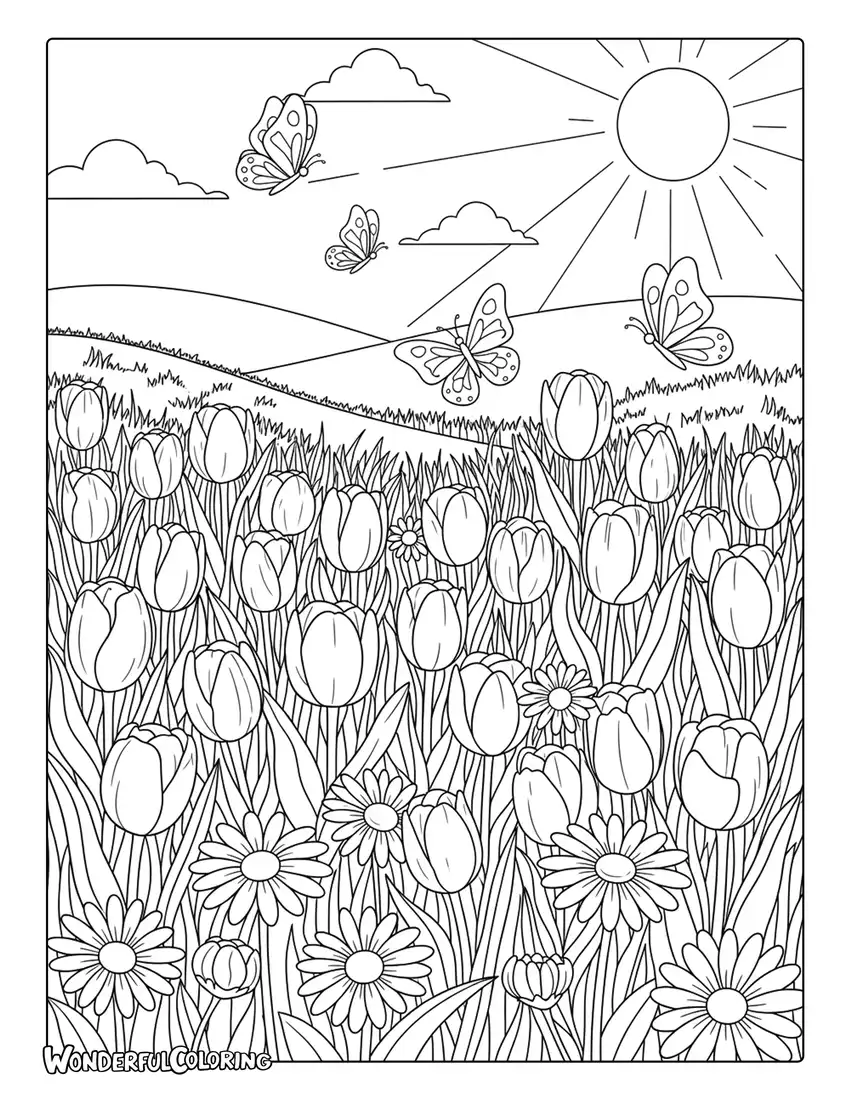 May blooming spring meadow flowers coloring page with butterflies under a sunny sky
