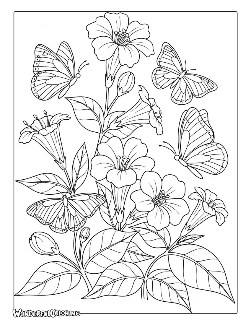 May butterflies among botanical flowers coloring page