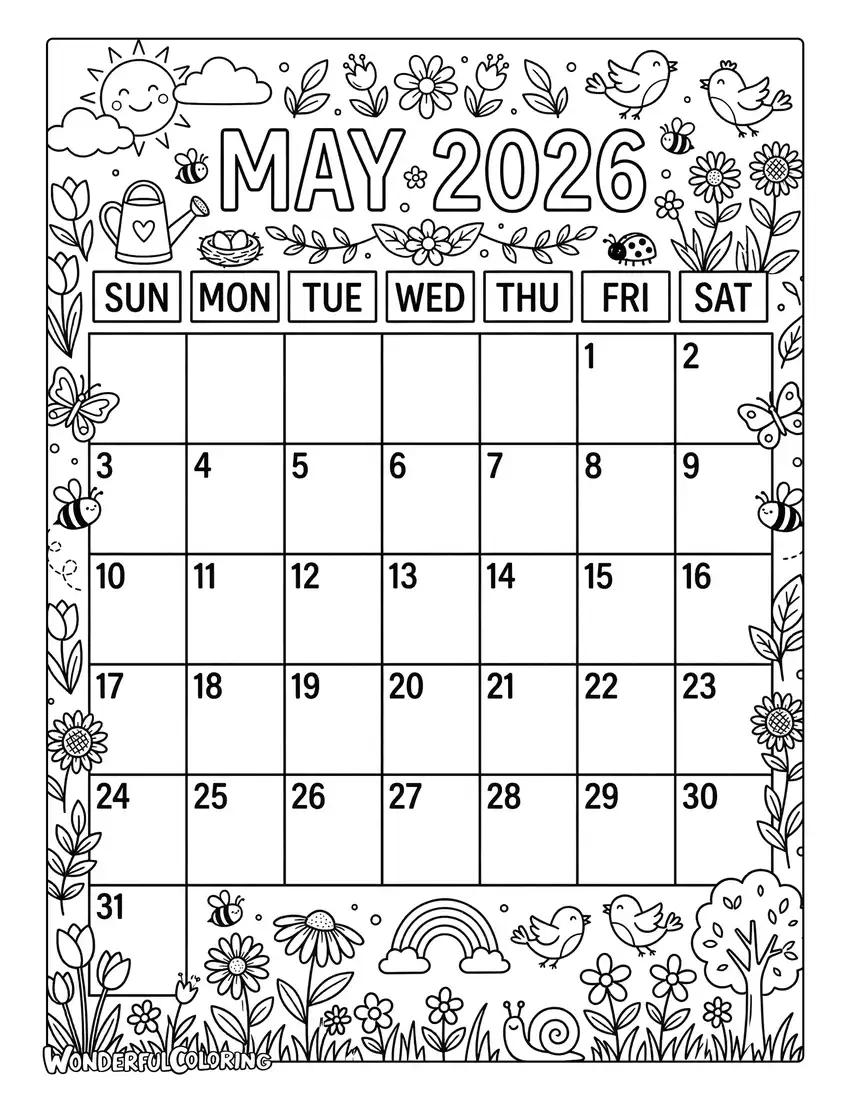 May calendar page with spring-themed illustrations coloring page