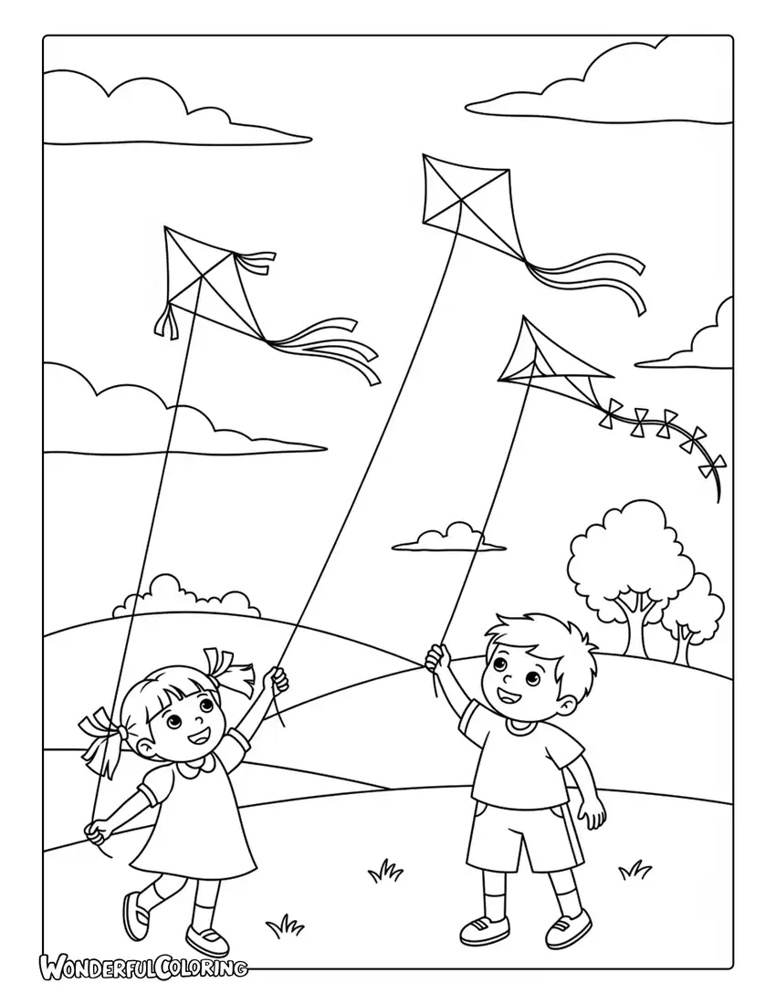 May children flying kites on a breezy afternoon coloring page