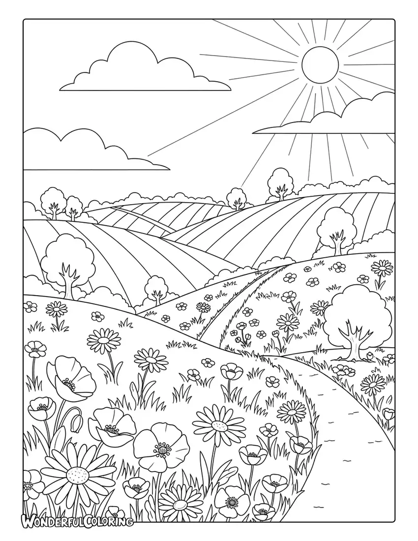 May countryside landscape with rolling hills and wildflowers coloring page