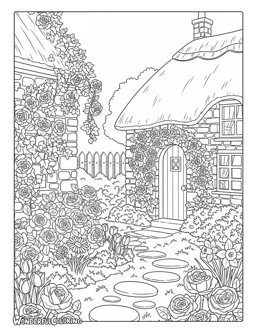 May cozy cottage garden with roses and ivy coloring page