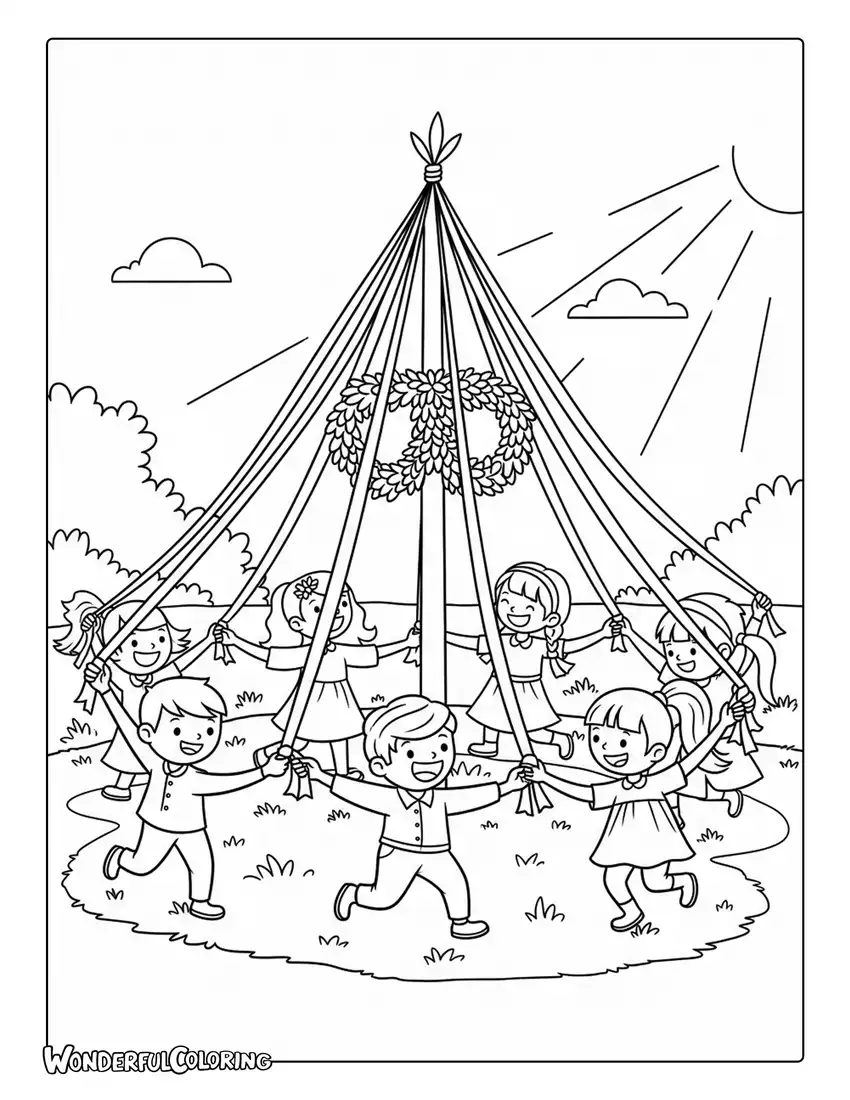 May Day maypole ribbon dance coloring page with children