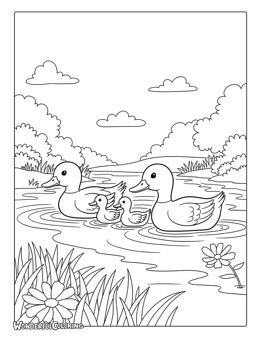 May duck family swimming on peaceful pond coloring page