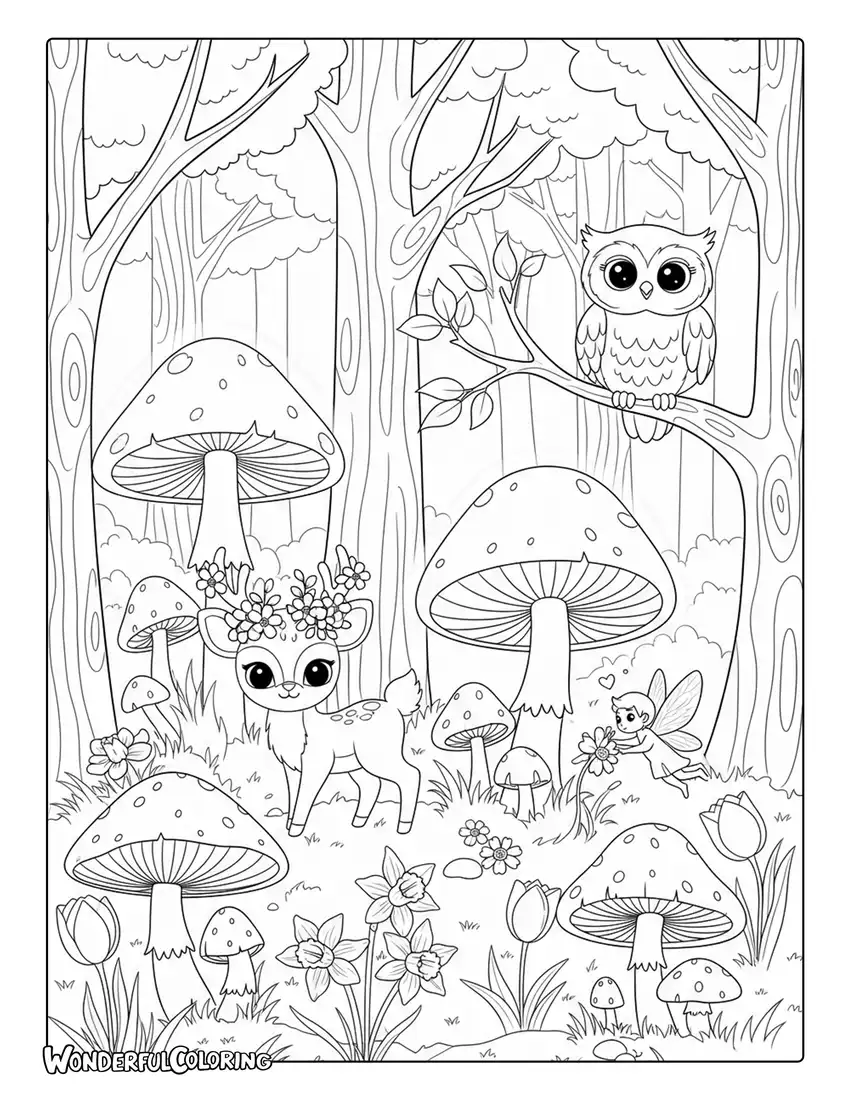 May enchanted forest with glowing mushrooms coloring page