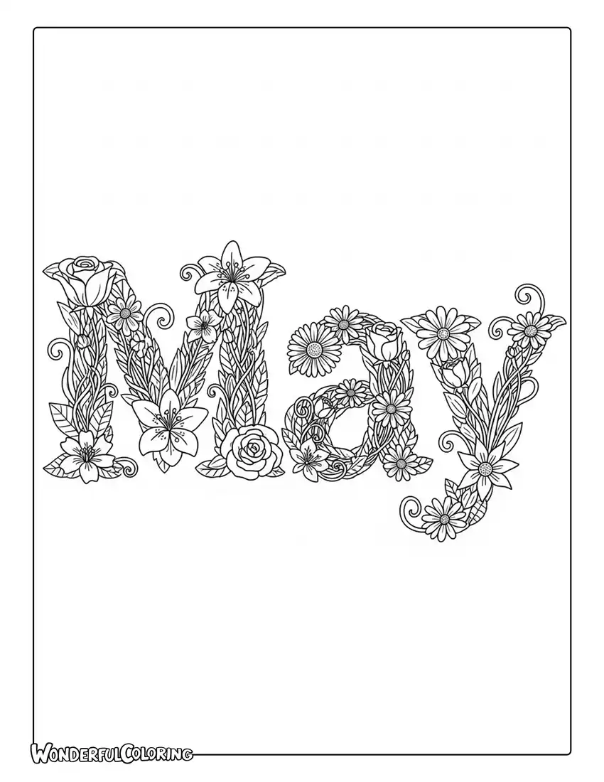 May floral lettering botanical typography coloring page