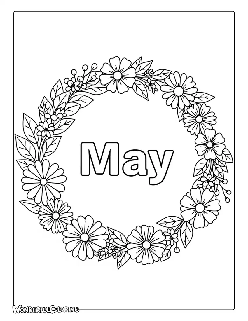 May floral wreath with spring blossoms coloring page