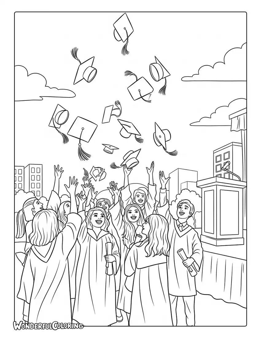 May graduation ceremony students tossing caps coloring page