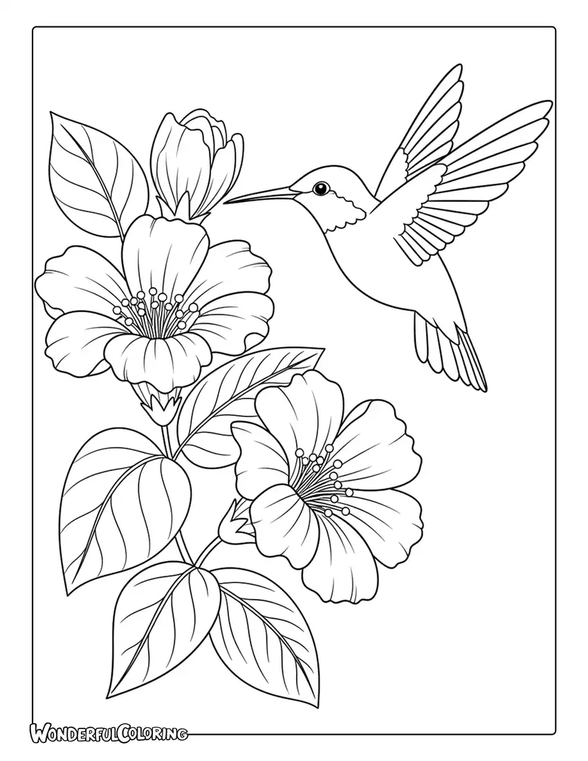 May hummingbird hovering near vibrant blossoms coloring page