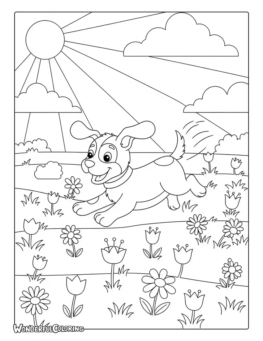 May playful puppy running through flower field coloring page