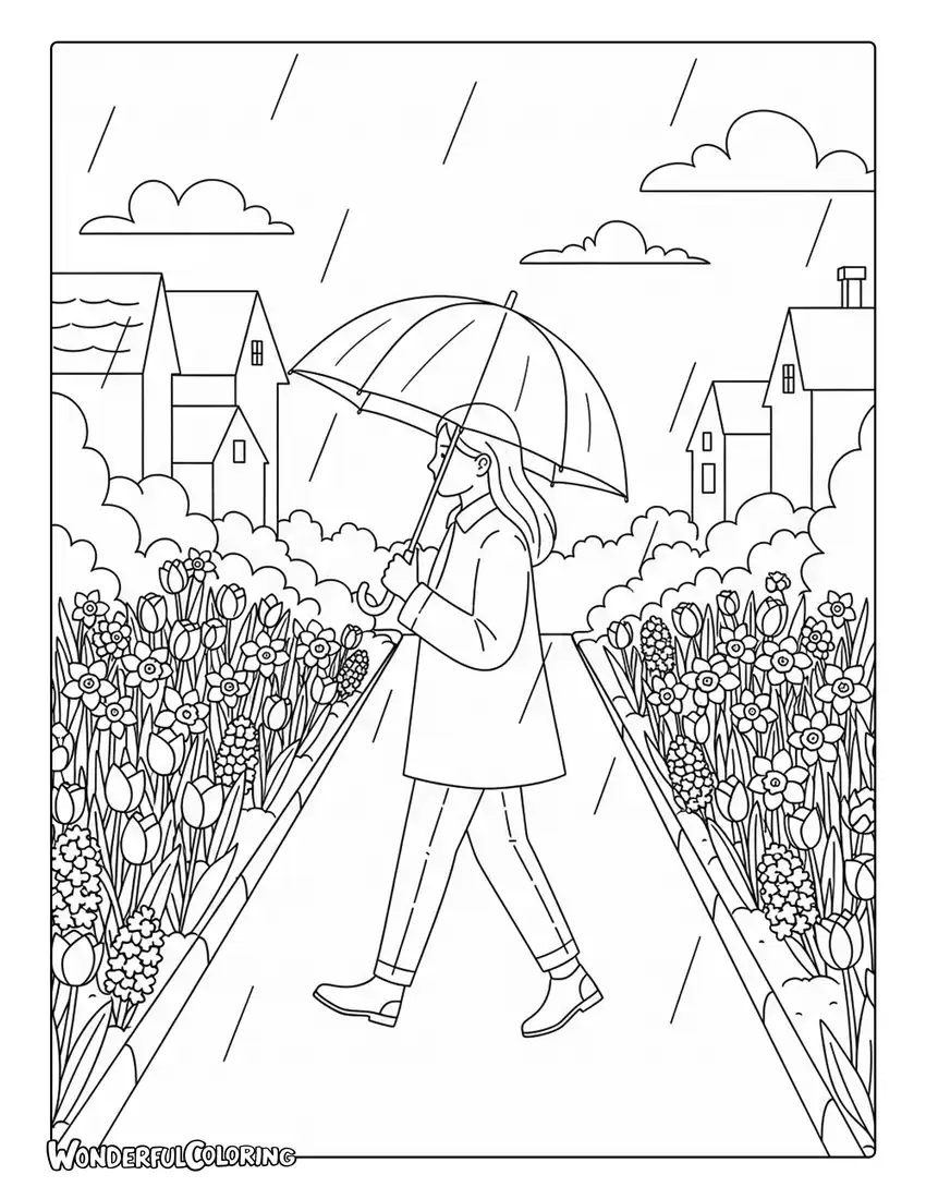 May rainy afternoon with umbrella on flower-lined street coloring page