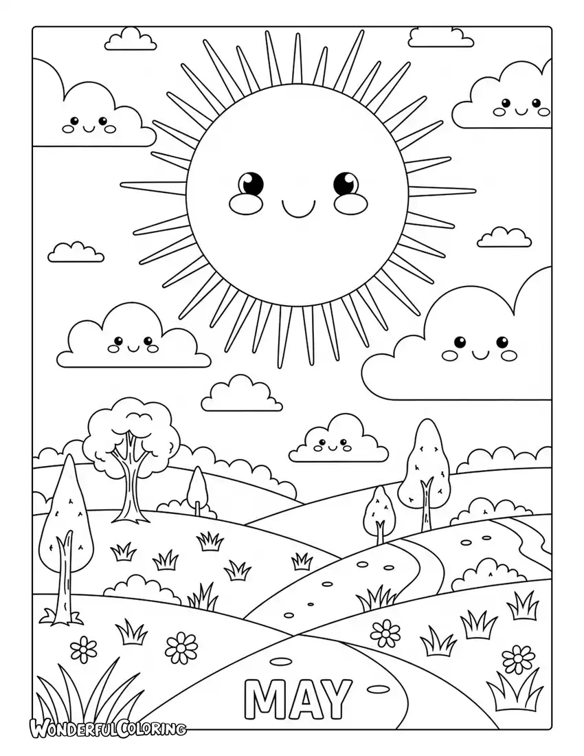 May smiling sun and friendly clouds cartoon coloring page