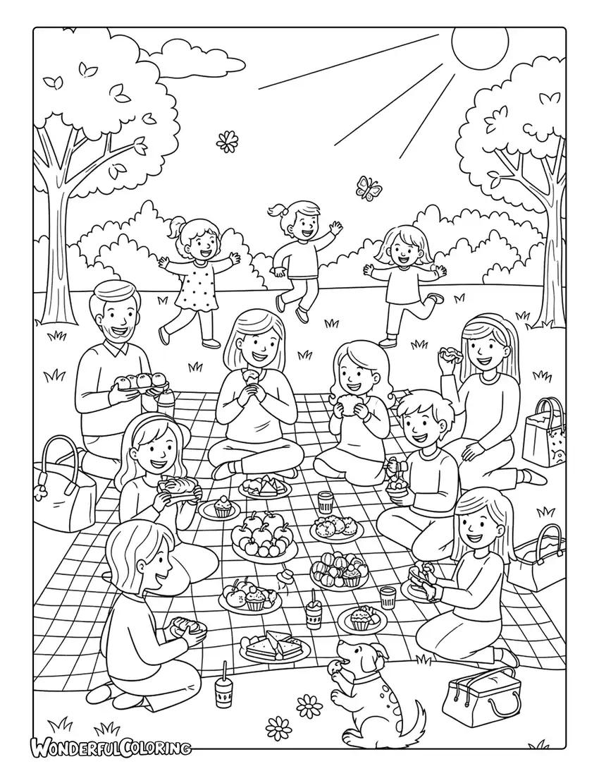 May spring picnic family in the park coloring page