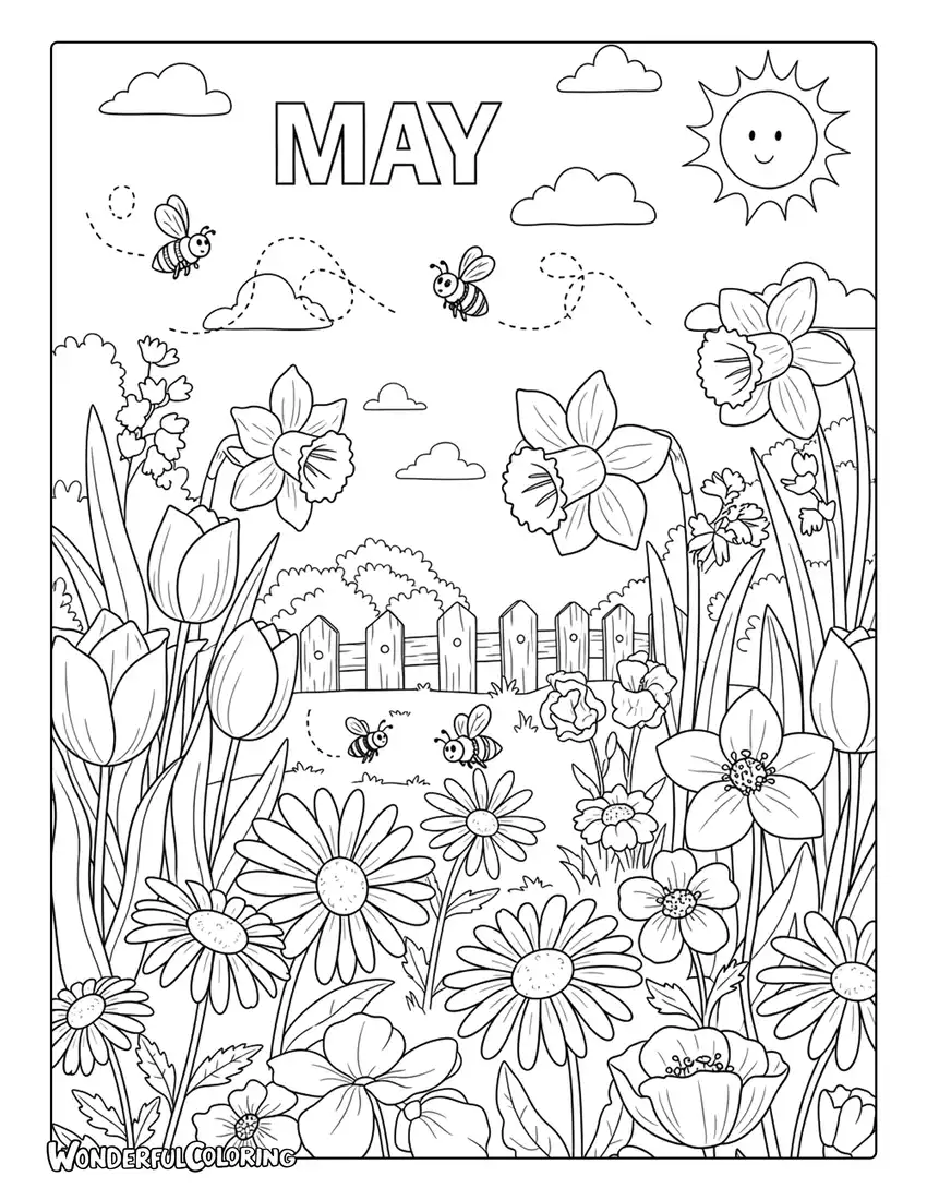 May sunny garden bees and flowers coloring page