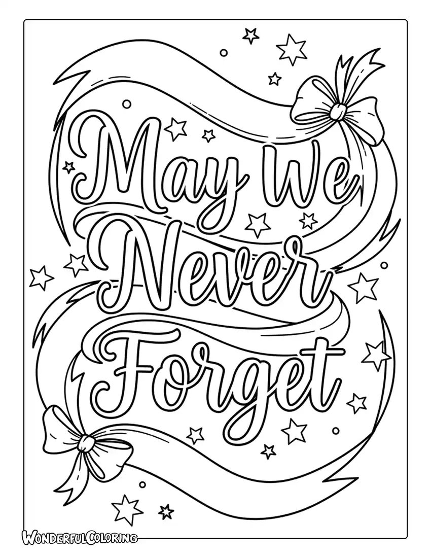 May We Never Forget Ribbon Banner Doodle Coloring Page