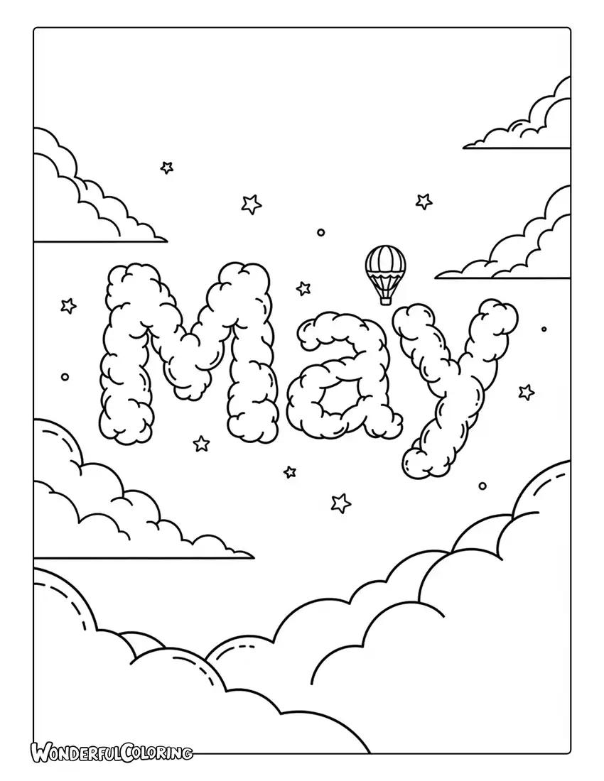 May word shaped by clouds in a bright blue sky coloring page