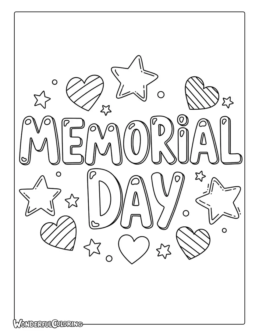 memorial day text doodle stars stripes hearts coloring page