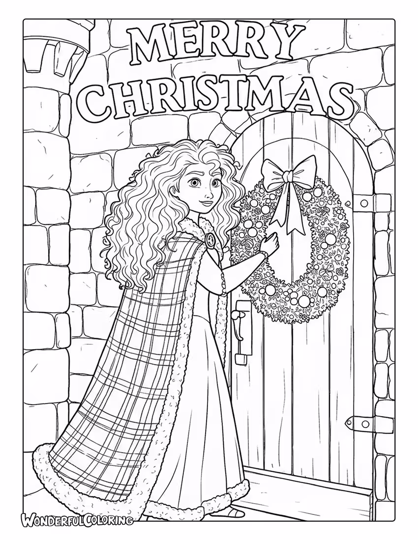 Merry Christmas coloring page of Merida hanging a wreath.