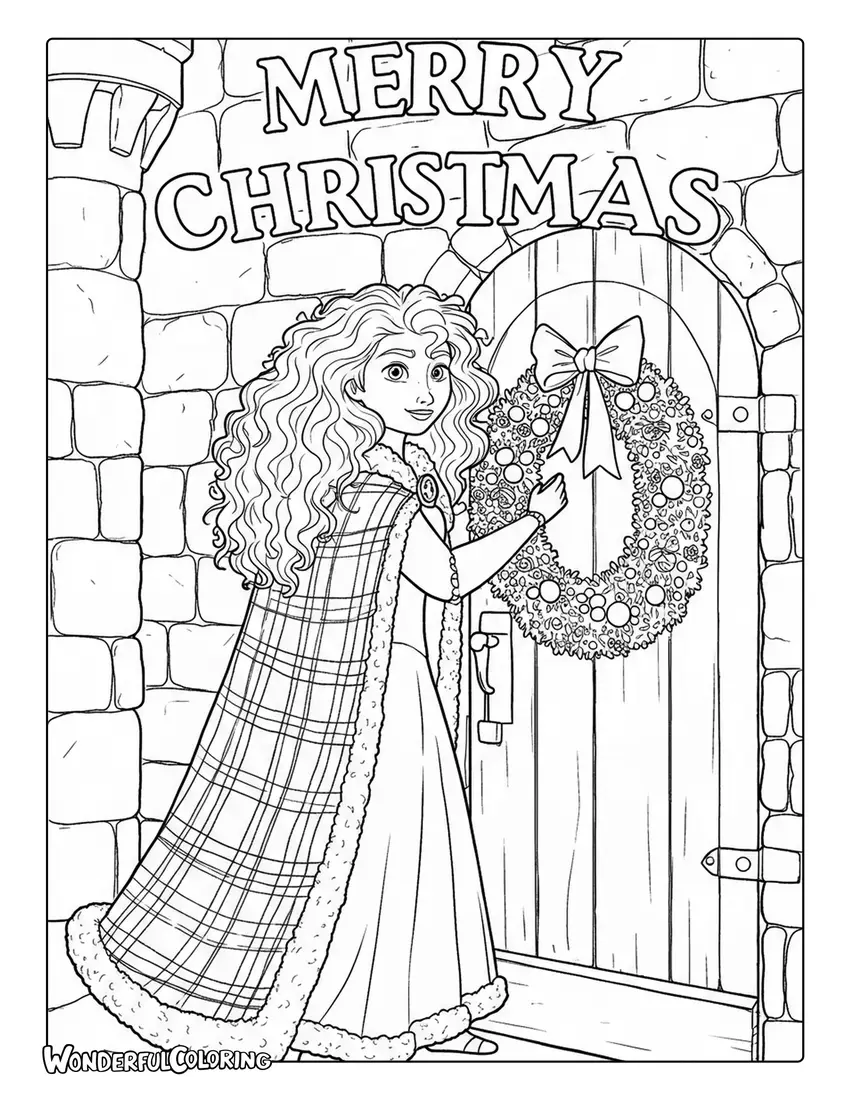 Merry Christmas coloring page of Merida hanging a wreath.