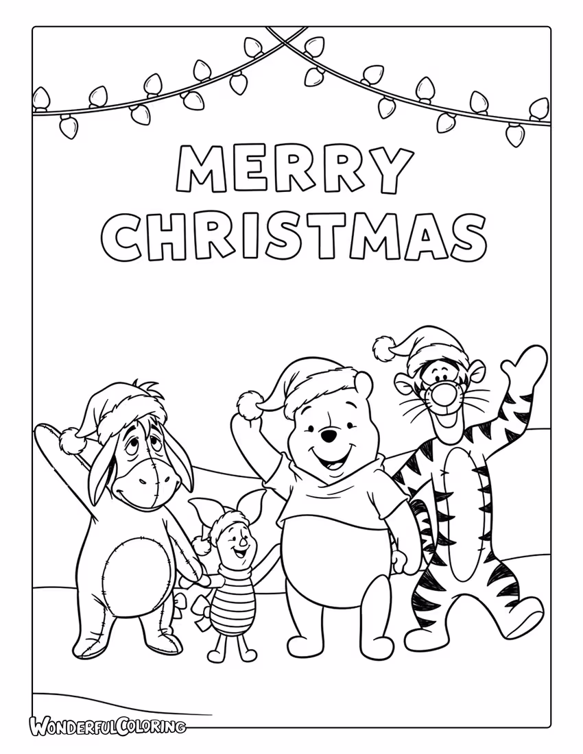Pooh Piglet Eeyore and Tigger Merry Christmas coloring page