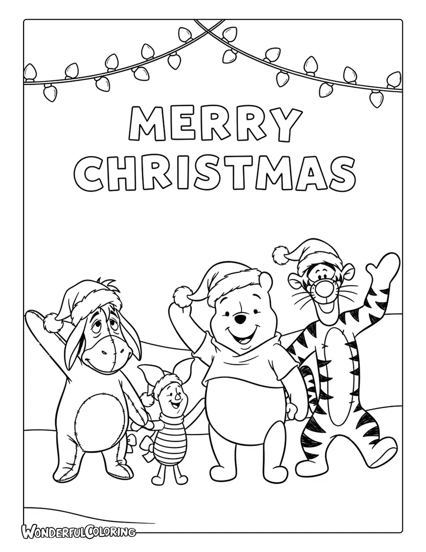 Pooh Piglet Eeyore and Tigger Merry Christmas coloring page