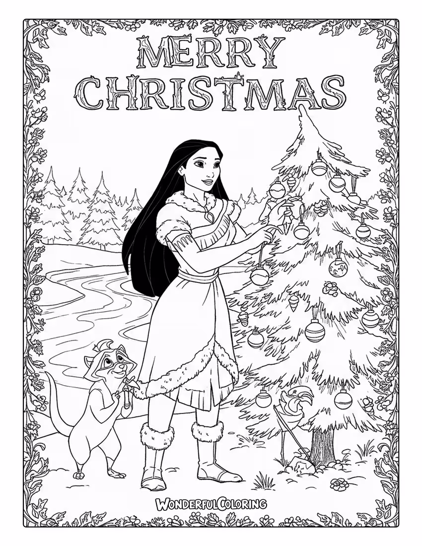 Merry Christmas Coloring Sheet of Pocahontas decorating a Christmas tree.