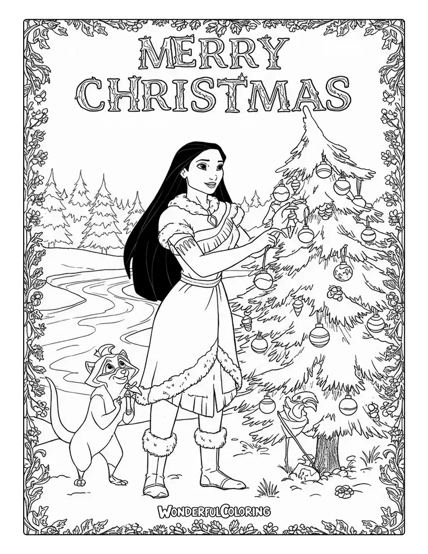 Merry Christmas Coloring Sheet of Pocahontas decorating a Christmas tree.