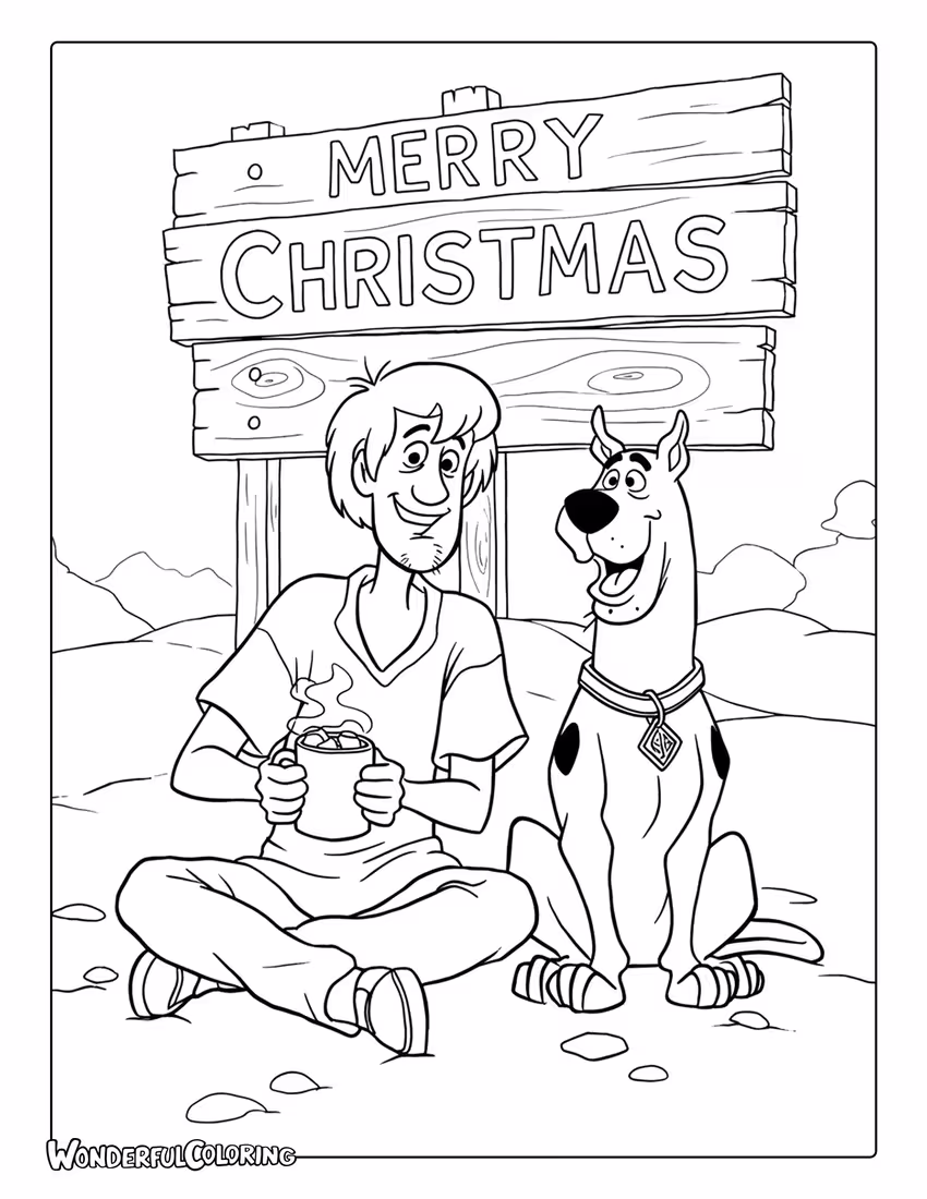 Coloring of Shaggy and Scooby in a Merry Christmas cocoa scene