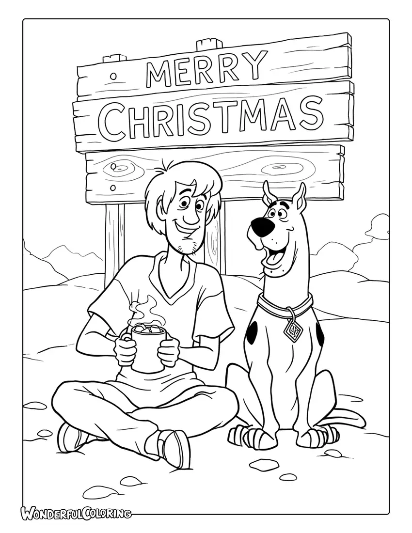 Coloring of Shaggy and Scooby in a Merry Christmas cocoa scene