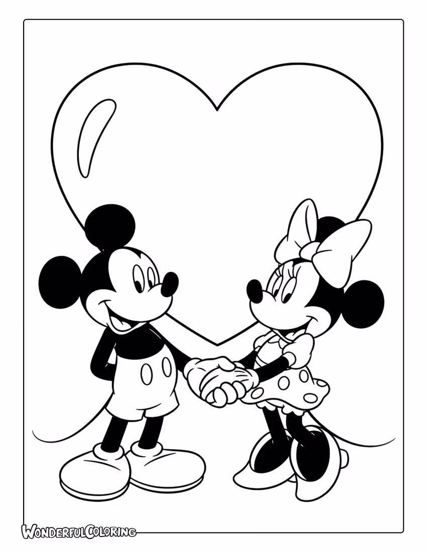 Mickey and Minnie with giant Valentine heart coloring page
