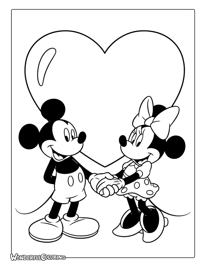 Mickey and Minnie with giant Valentine heart coloring page