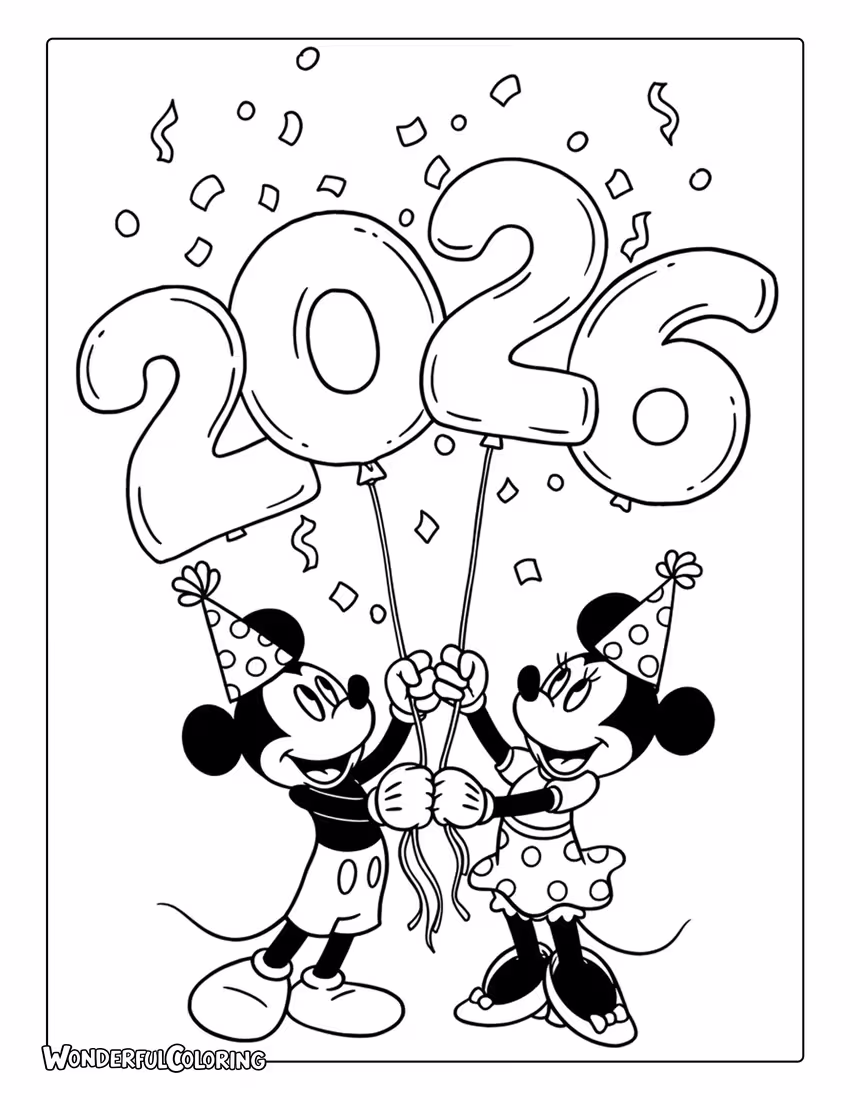 2026 Celebration Coloring Page with Mickey and Minnie Mouse holding balloons.