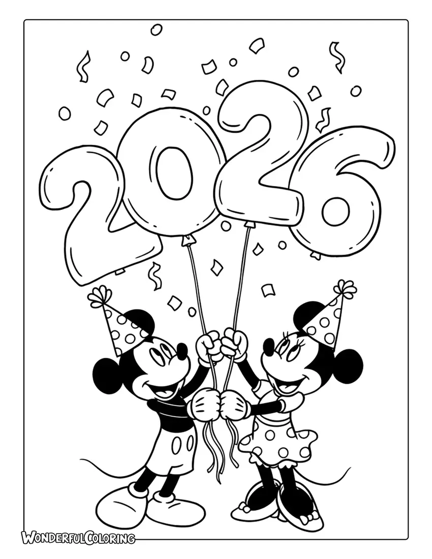 2026 Celebration Coloring Page with Mickey and Minnie Mouse holding balloons.