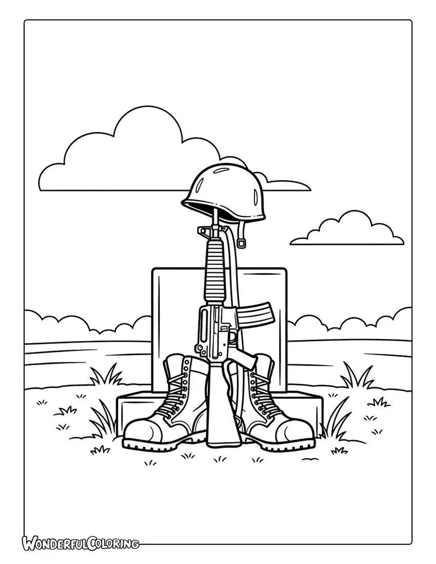military boots rifle helmet memorial field coloring page