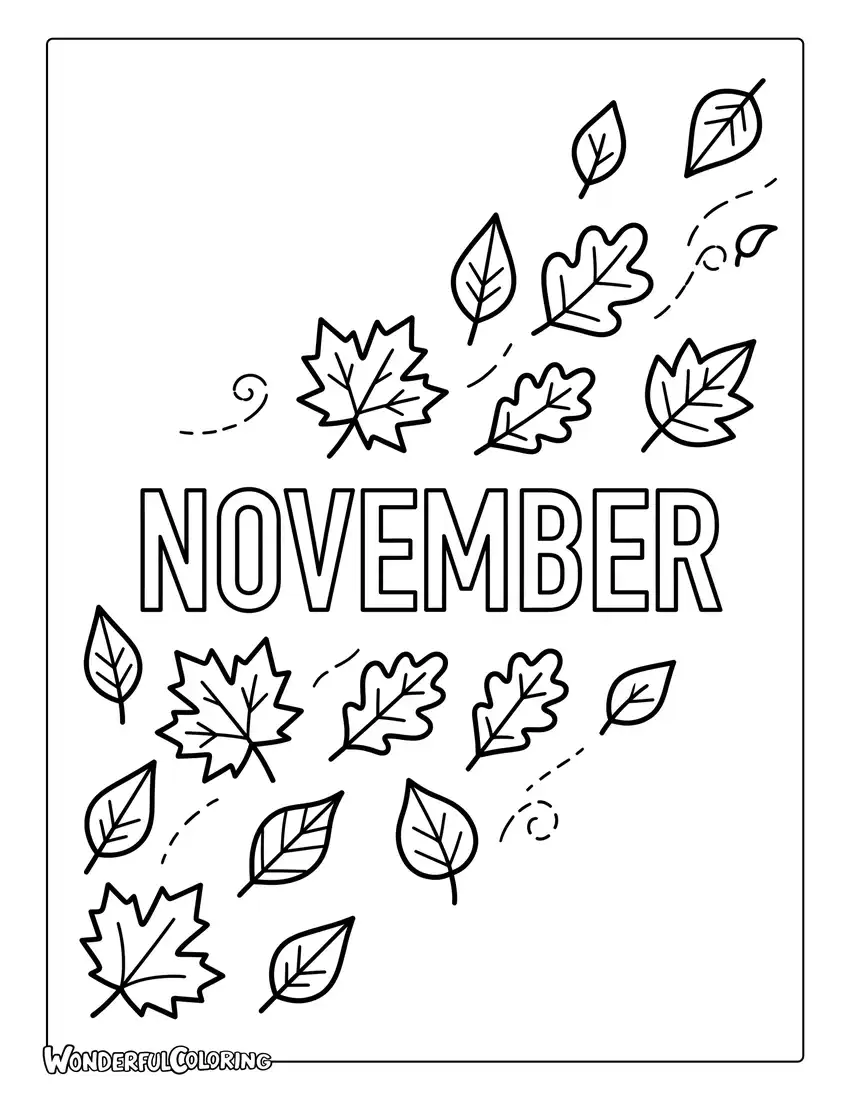 November minimalist coloring page with drifting autumn leaves, cream background, geometric shapes, and modern typography