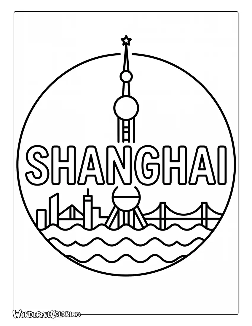 Minimalist Shanghai landmarks with Oriental Pearl Tower and river waves coloring page