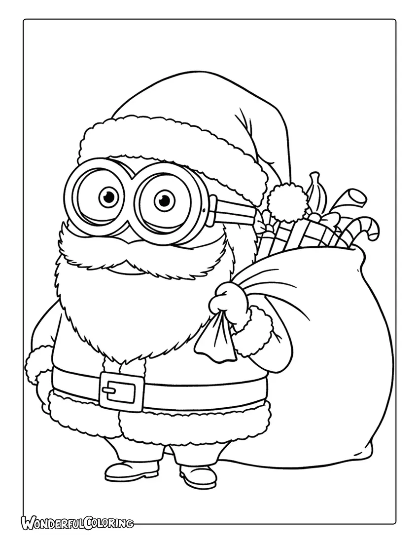 Coloring page of a Minion Santa carries a gift sack.
