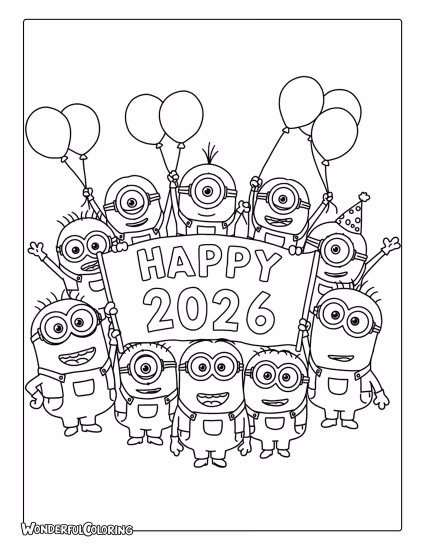 Minions 2026 Celebration with Banner Coloring Page